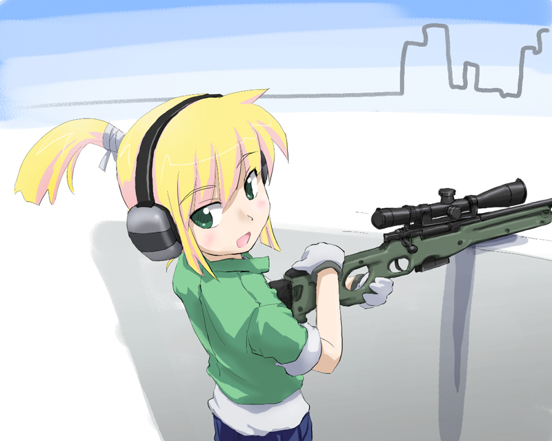 tanada-bon, iris (material sniper), material sniper, 1girl, ai arctic warfare, blonde hair, bolt action, ear protection, female focus, gloves, green eyes, gun, ponytail, rifle, sleeves rolled up, sniper rifle, solo, weapon