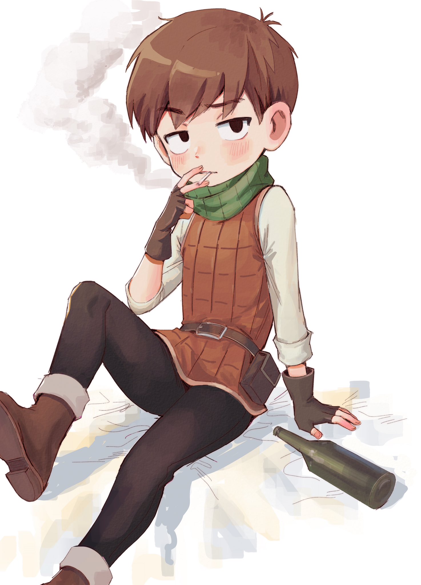 h2co3 vv, chilchuck tims, dungeon meshi, hashtag-only commentary, highres, 1boy, armor, belt, black eyes, blush, boots, bottle, brown boots, brown gloves, brown hair, cigarette, closed mouth, fingerless gloves, gloves, leather armor, looking at viewer, male focus, neck warmer, simple background, sitting, smoke, smoking, solo, white background