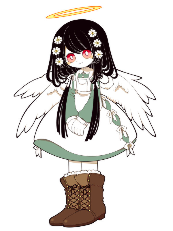 funamusea (artist), funamusea, official art, 1girl, angel, angel wings, apron, black hair, blush, cosmea, daisy (flower), dress, feathered wings, flower, green dress, hair flower, hair ornament, halo, long hair, long sleeves, looking at viewer, low twintails, multiple wings, own hands together, puffy long sleeves, puffy sleeves, ribbon, smile, solo, traditional halo, twintails, white apron, white background, white flower, white ribbon, wings