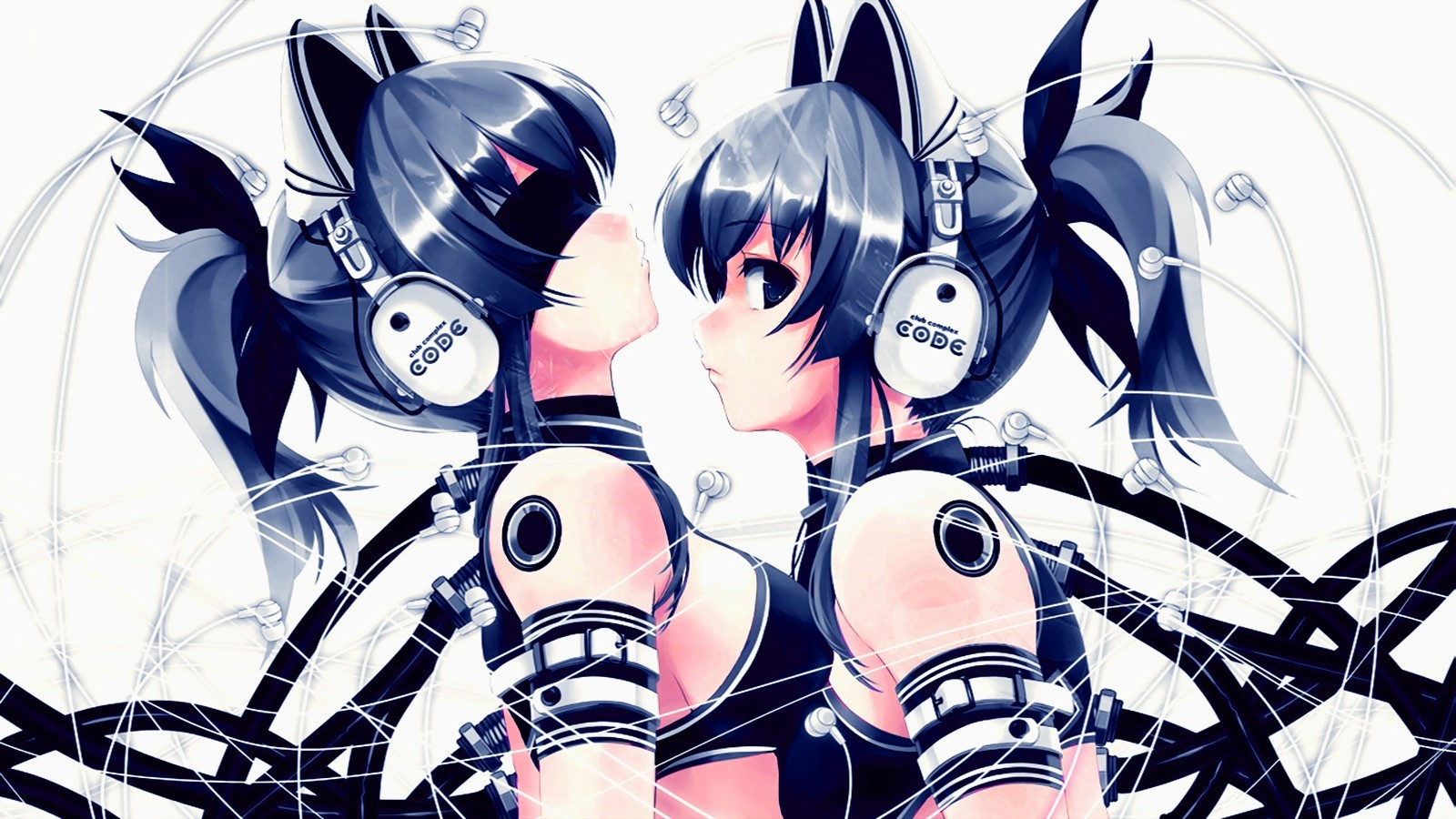 highres, 2girls, animal ears, blue theme, cat ears, headphones, multiple girls, ribbon, wire