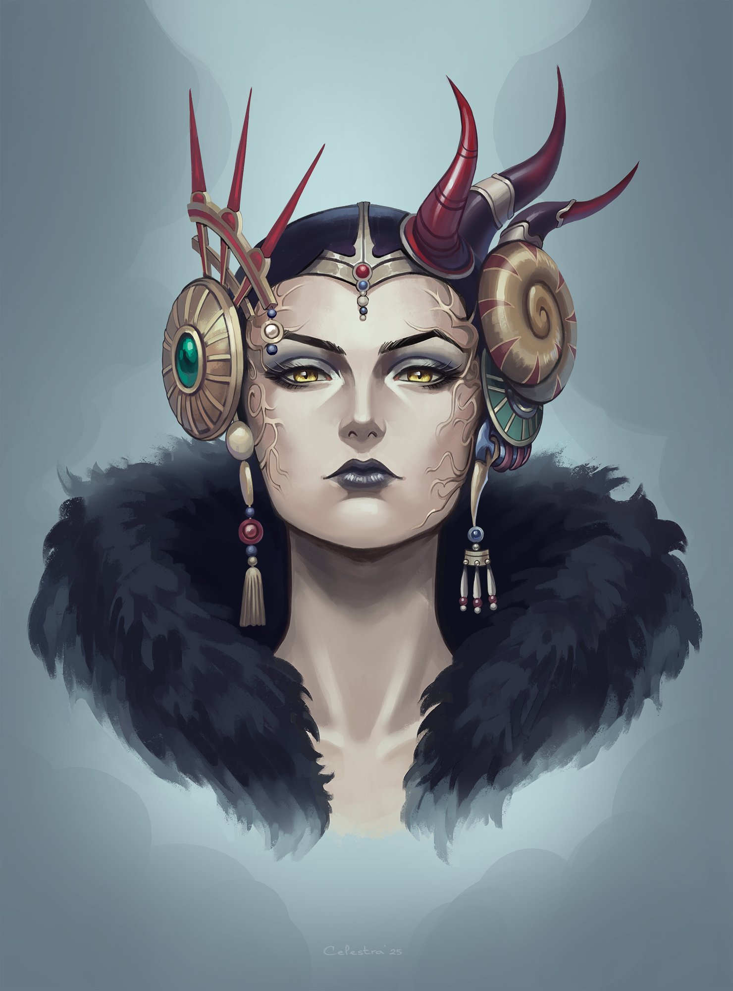 celestra, edea kramer, final fantasy, final fantasy viii, highres, 1girl, black lips, closed mouth, cropped torso, eyeshadow, fur trim, grey background, hair ornament, headdress, horns, looking at viewer, makeup, portrait, short hair, solo, tassel, tassel hair ornament, upper body, veiny face, yellow eyes