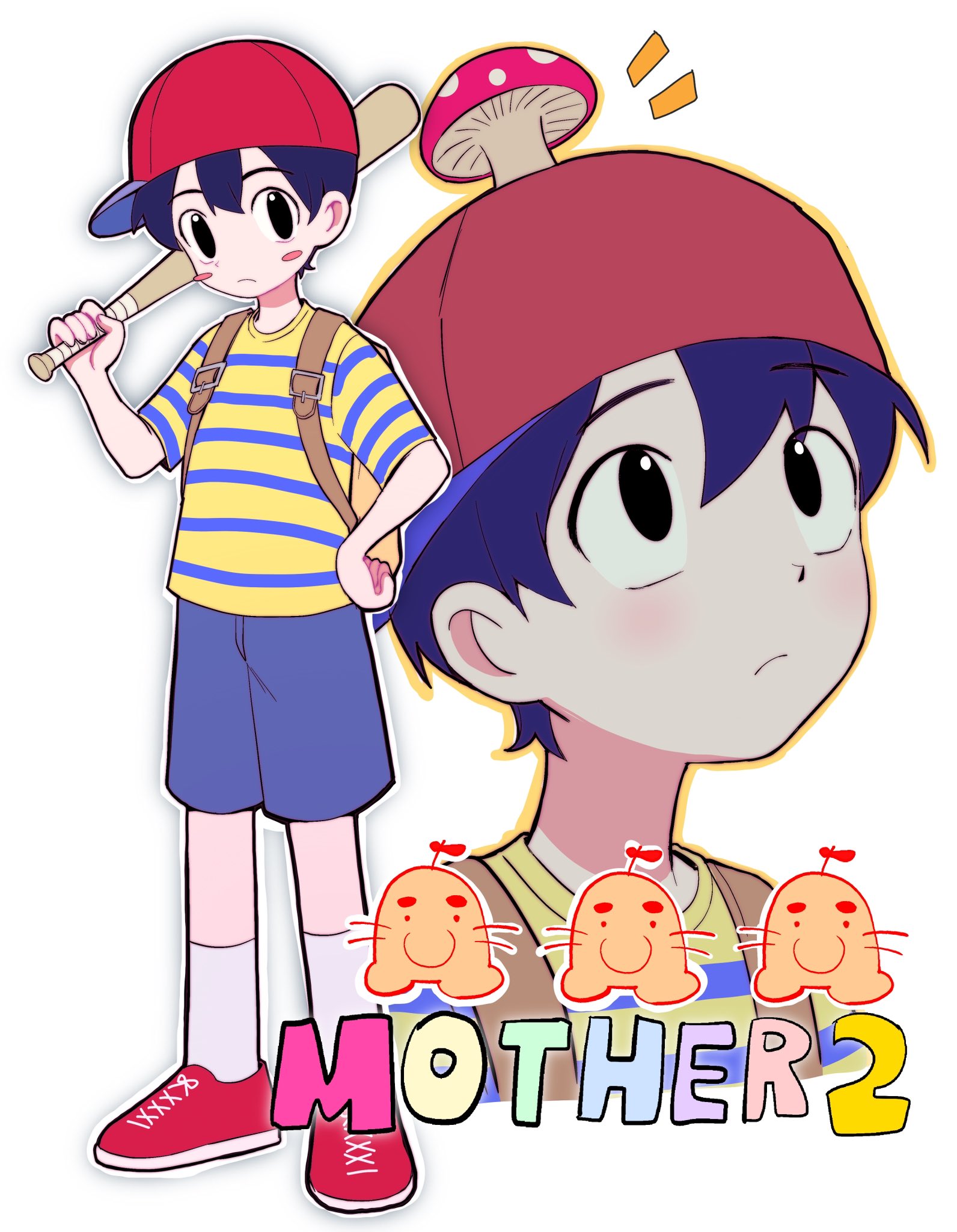 h2co3 vv, doseisan, ness (mother 2), mother (series), mother 2, nintendo, hashtag-only commentary, highres, 1boy, baseball bat, baseball cap, black hair, blue shorts, blush, blush stickers, closed mouth, copyright name, hair between eyes, hand on own hip, hat, holding, holding baseball bat, male focus, mushroom, mushroom on head, red hat, red shoes, shirt, shoes, short sleeves, shorts, sideways hat, simple background, socks, standing, striped clothes, striped shirt, white background, white socks
