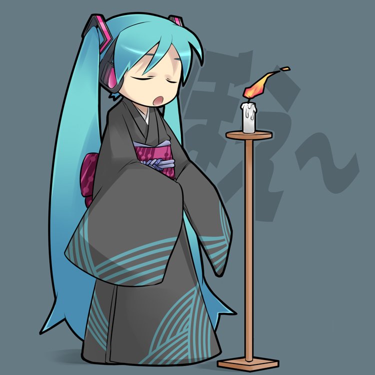 gishi, hatsune miku, vocaloid, 1girl, aqua hair, candle, closed eyes, enka, female focus, full body, headphones, japanese clothes, kimono, long hair, solo, twintails, very long hair