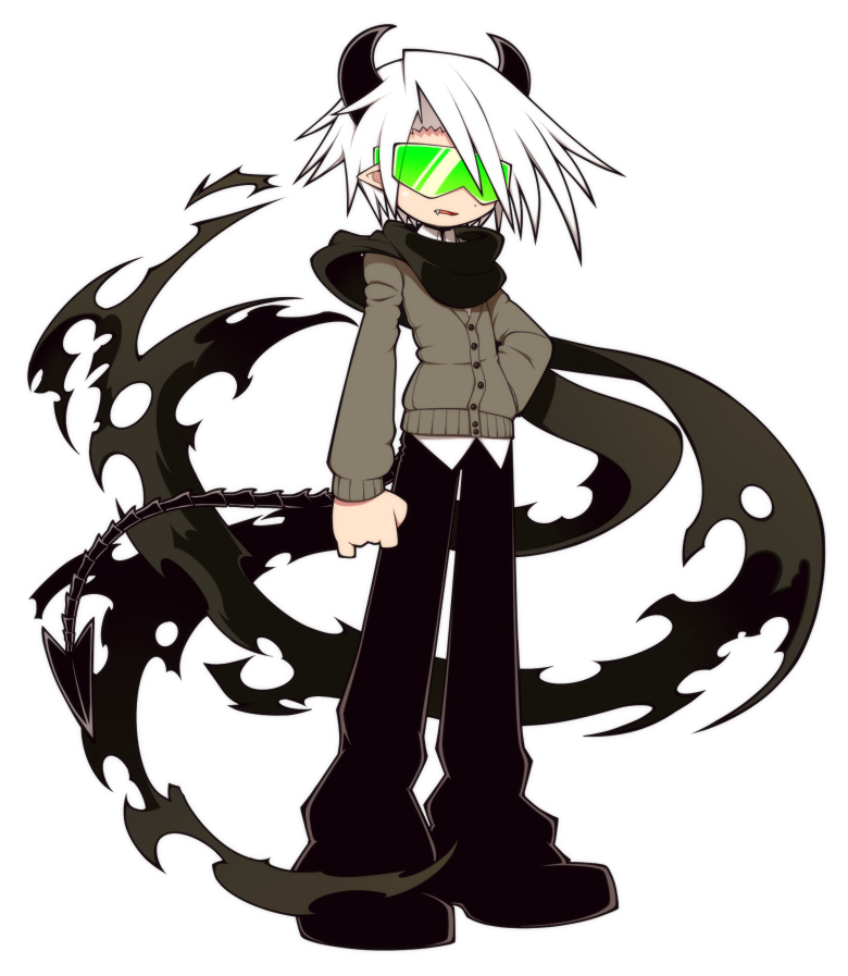 funamusea (artist), funamusea, official art, black pants, black scarf, black shoes, daimonji (funamusea), demon boy, demon horns, fang, green visor, horns, long scarf, long sleeves, pale skin, pants, pointy ears, scarf, shirt, shoes, sweater, white background, white hair, white shirt