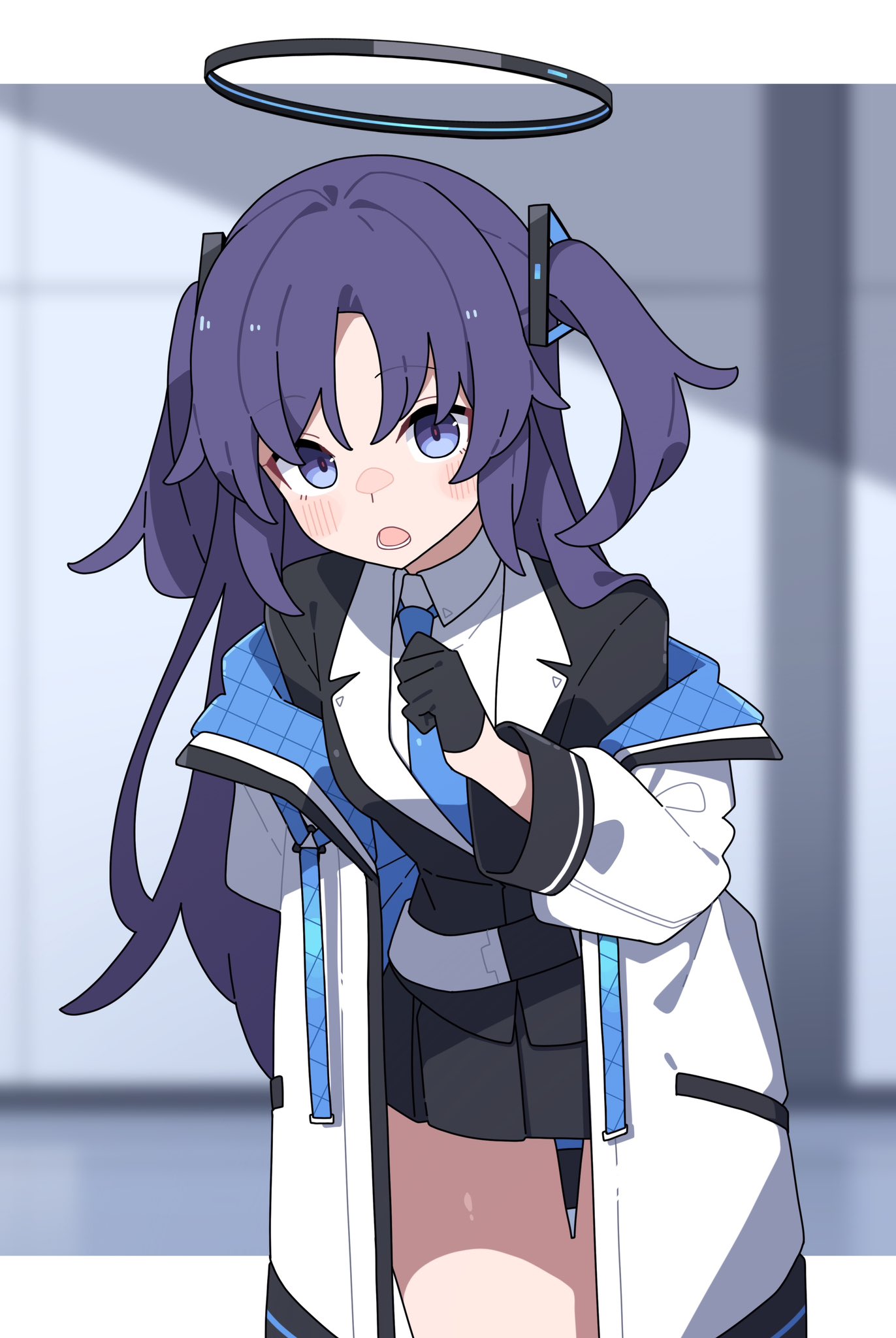 mikokomiyazawa, yuuka (blue archive), blue archive, commentary request, highres, 1girl, black gloves, black halo, black jacket, black skirt, blue jacket, blue necktie, collared shirt, curtained hair, gloves, hair between eyes, hair intakes, hair ornament, halo, hand up, jacket, leaning forward, long hair, long sleeves, looking at viewer, multicolored jacket, necktie, open clothes, open jacket, purple eyes, purple hair, shirt, skirt, solo, thighs, two-sided fabric, two-sided jacket, two side up, white jacket, white shirt