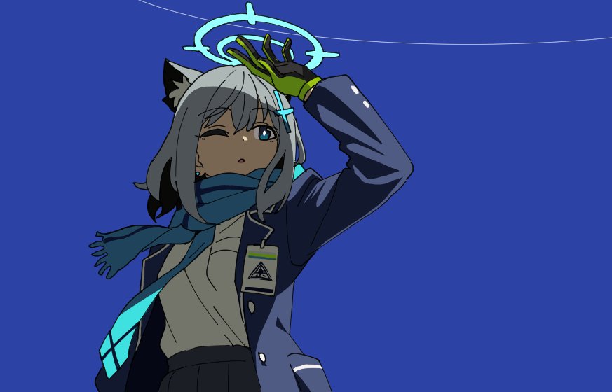 momomatang, shiroko (blue archive), blue archive, 1girl, animal ear fluff, animal ears, black skirt, blazer, blue eyes, blue scarf, blue sky, cross hair ornament, day, earrings, gloves, green gloves, grey hair, hair between eyes, hair ornament, halo, jacket, jewelry, long sleeves, one eye closed, open clothes, open jacket, outdoors, parted lips, pleated skirt, scarf, shading eyes, shirt, shirt tucked in, skirt, sky, solo, stud earrings, white shirt