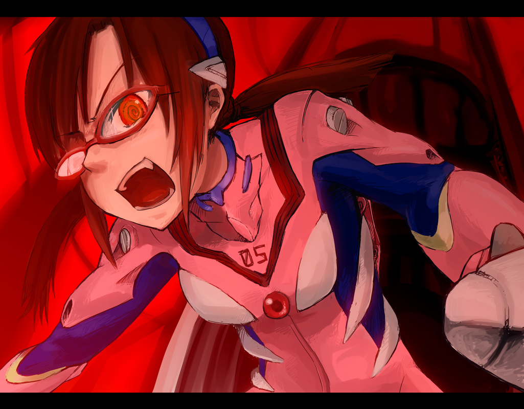 monolith, makinami mari illustrious, neon genesis evangelion, rebuild of evangelion, bad id, bad pixiv id, 00s, 1girl, @ @, brown hair, crazy, fangs, female focus, glasses, hairband, letterboxed, mecha pilot suit, open mouth, plugsuit (evangelion), red eyes, solo