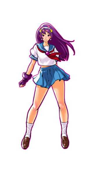 hiroaki (kof), asamiya athena, kof sky stage, snk, the king of fighters, white legwear, official art, 1girl, ascot, female focus, fingerless gloves, gloves, hairband, legs, light smile, long hair, purple eyes, purple hair, school uniform, skirt, solo