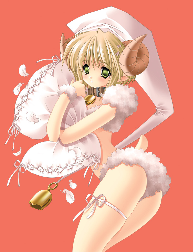 bell, blonde hair, collar, feathers, green eyes, horns, midriff, pillow, pointy ears