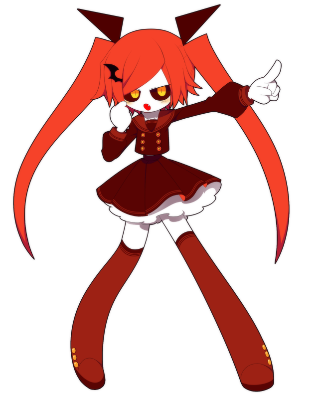 funamusea (artist), funamusea, official art, 1girl, bat hair ornament, buttons, colored sclera, colored skin, double-breasted, fang, hair ornament, hoka (funamusea), long hair, looking at viewer, petticoat, pointing, red hair, school uniform, serafuku, skirt, solo, thighhighs, twintails, white background, white skin, yellow eyes