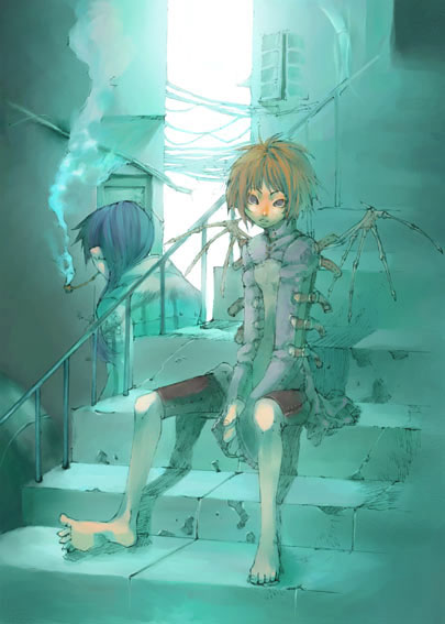 yamamoto yamato, original, corel painter (medium), 2girls, barefoot, belt, bloom, blue hair, blue theme, breasts, brown belt, brown hair, closed mouth, coat, dated commentary, full body, long hair, long sleeves, looking at viewer, mechanical wings, multiple girls, outdoors, own hands together, power lines, purple eyes, purple shirt, red shorts, science fiction, shirt, short hair, shorts, sidelocks, sitting, sitting on stairs, sleeve belt, small breasts, smoke, smoking, smoking pipe, smoking pipe in mouth, stairs, turtleneck, two-tone shirt, v arms, white coat, wings
