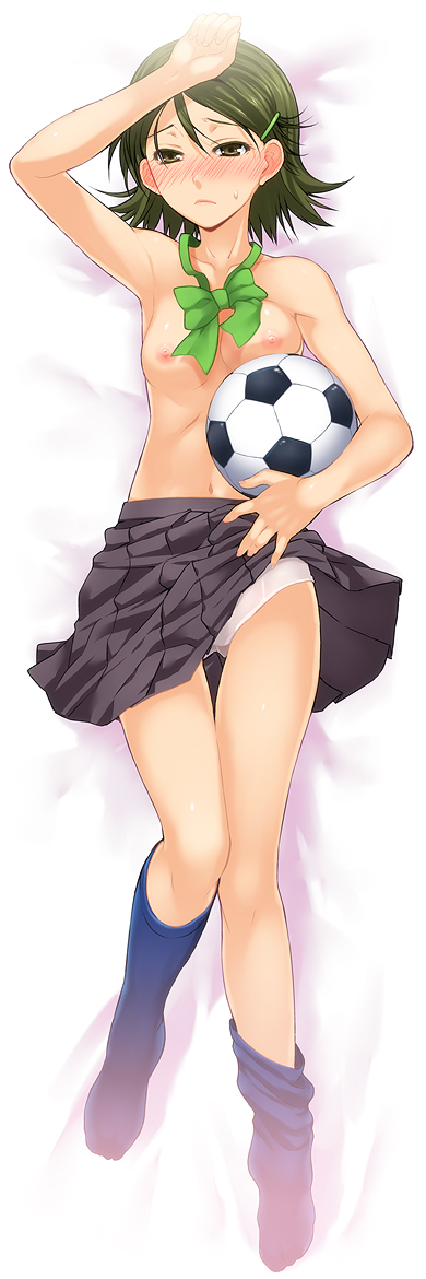 puyo (puyotopia), kino aki, inazuma eleven, inazuma eleven (series), long image, tall image, 00s, 1girl, ball, blush, breasts, clothes lift, dakimakura (medium), female focus, full body, hair ornament, hairclip, lying, neck ribbon, nipples, panties, ribbon, school uniform, skirt, skirt lift, soccer, soccer ball, socks, solo, telstar, topless female, underwear, white panties