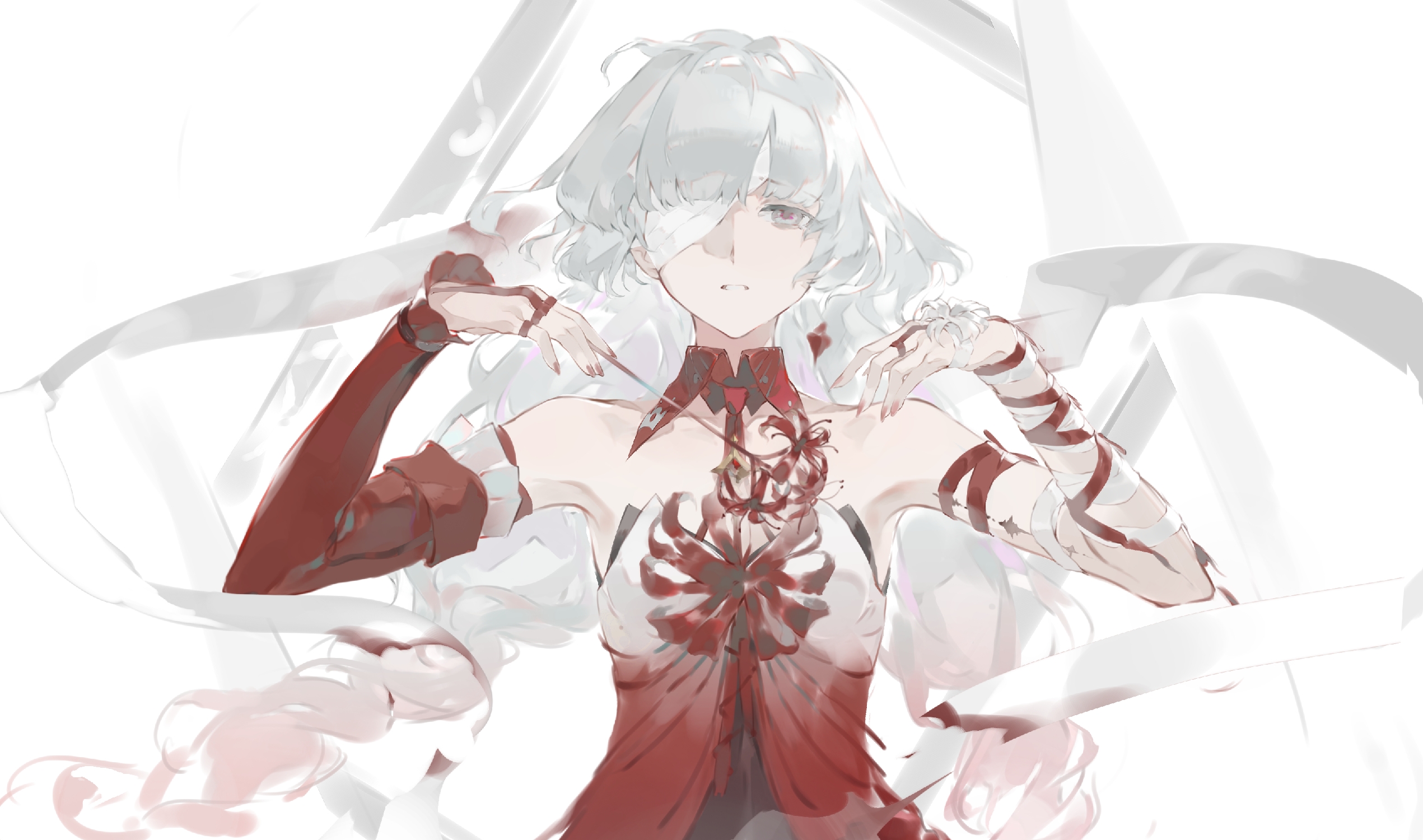 xingzhuang guaimao get, phrolova (wuthering waves), wuthering waves, chinese commentary, commentary request, highres, variant set, 1girl, bandage over one eye, bandaged arm, bandages, bare shoulders, breasts, detached sleeves, dress, flower, grey eyes, grey hair, halter dress, halterneck, hands up, holding, holding flower, long hair, looking at viewer, medium breasts, parted lips, red dress, single detached sleeve, solo, spider lily, tacet mark (wuthering waves), upper body