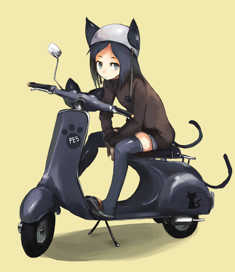 kasa (hitori sanka), original, vespa, vehicle, 1girl, animal ears, cat ears, cat tail, ears through headwear, female focus, helmet, motor vehicle, scooter, solo, tail, thighhighs