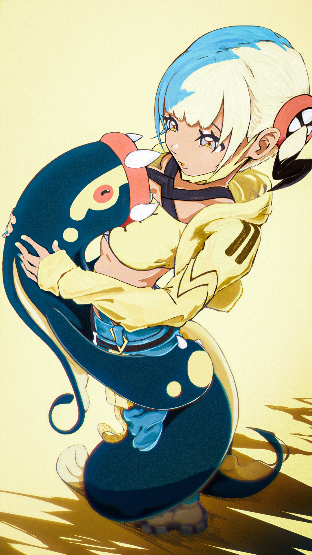 toaru1gakusei, canari (pokemon), eelektross, nintendo, pokemon, pokemon legends: z-a, commentary request, highres, 1girl, bandeau, belt, black belt, gen 5 pokemon, grey eyes, holding, holding pokemon, hood, hood down, hooded jacket, jacket, long sleeves, mask, mask pull, mouth mask, multicolored hair, multicolored nails, nail polish, open clothes, open jacket, pants, pokemon (creature), short twintails, standing, twintails, yellow bandeau, yellow jacket