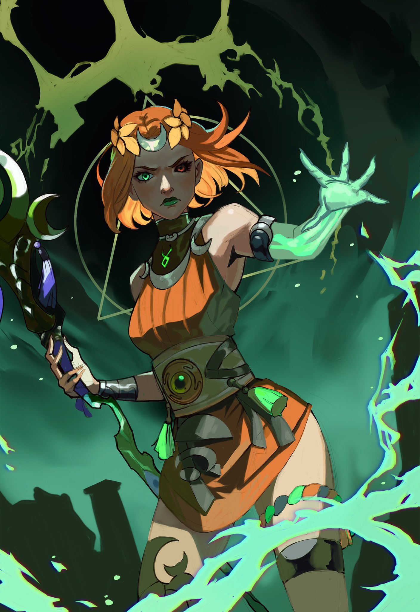 celestra, melinoe (hades), hades (series), hades 2, highres, 1girl, bare shoulders, black sclera, breasts, colored sclera, cowboy shot, crescent, crescent hair ornament, dress, furrowed brow, glowing, glowing hand, green eyes, green lips, hair ornament, heterochromia, laurel crown, medium breasts, orange dress, orange hair, outstretched hand, red eyes, short dress, short hair, sleeveless, sleeveless dress, thigh strap