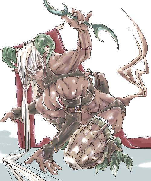 mov, breasts, brown eyes, claws, cleavage, dark skin, extra arms, horns, monster girl, multi limb, muscular, smile, tail, weapon, white hair