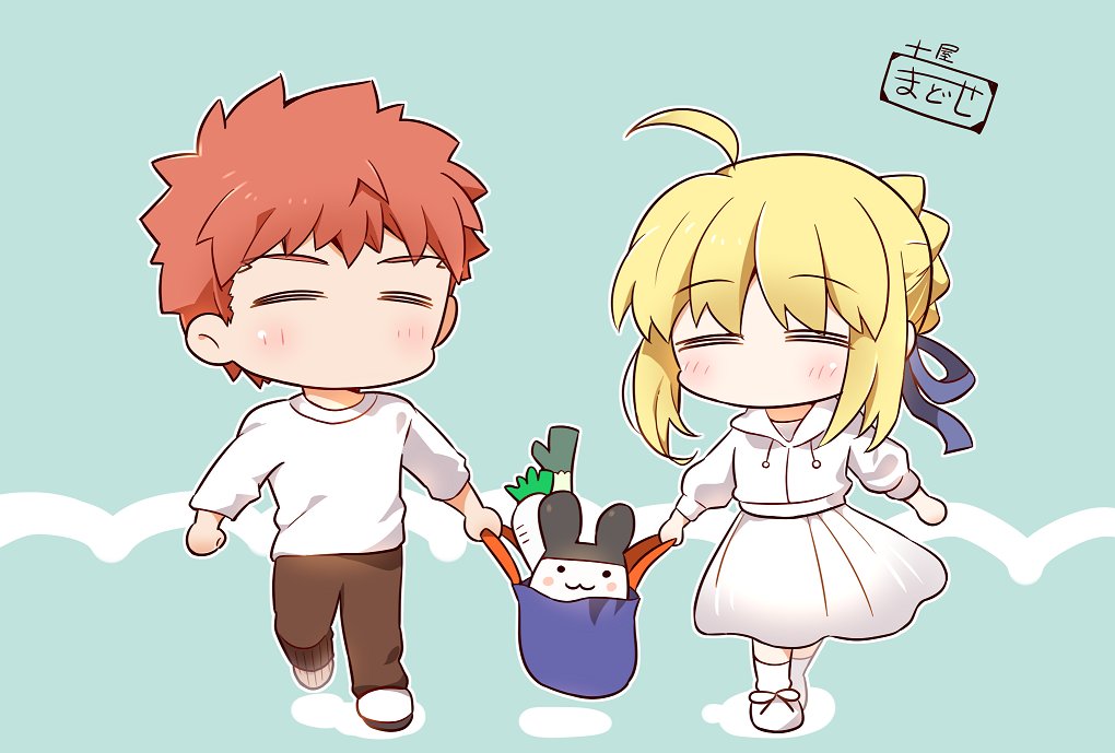 tsuchiya madose, artoria pendragon (fate), emiya shirou, saber (fate), fate/stay night, fate (series), :3, ahoge, artist self-insert, blonde hair, bow, braid, brown pants, bun with braided base, daikon, hair bow, hair bun, hood, hoodie, orange hair, pants, radish, seal impression, sidelocks, skirt, spring onion, white hoodie, white skirt