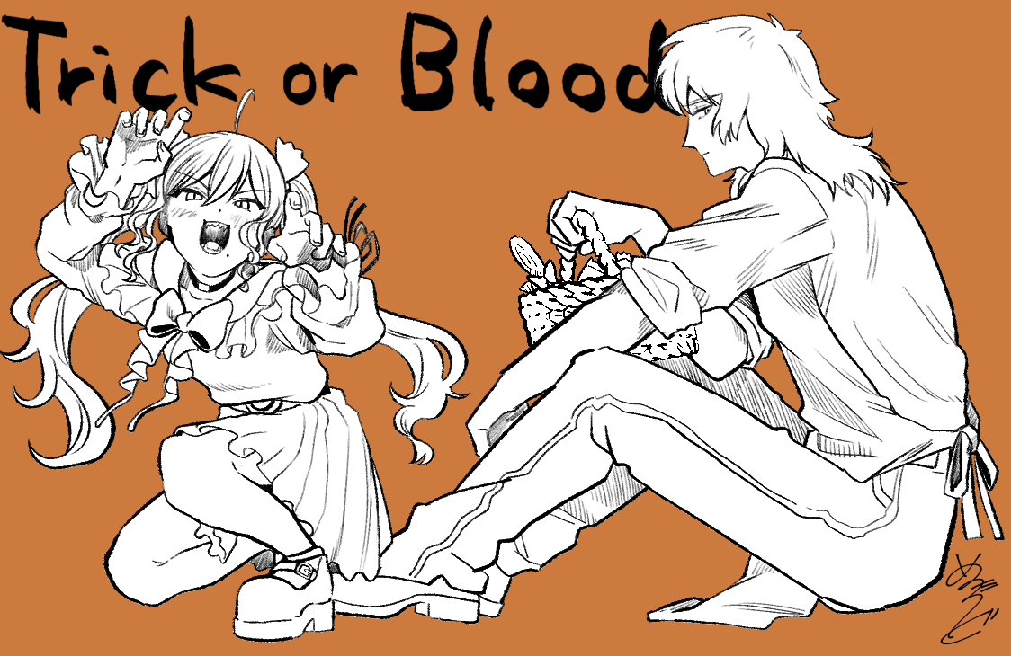 metarogu, dead apostle noel (tsukihime), noel (tsukihime), vlov arkhangel, melty blood, melty blood: type lumina, tsukihime, 1boy, 1girl, apron, basket, blush, bow, candy, denim, english text, food, frilled skirt, frilled sleeves, frills, from side, hair bow, holding, holding basket, jeans, looking at viewer, medium hair, monochrome, official alternate costume, open mouth, pants, paw pose, sharp teeth, skirt, sleeves rolled up, squatting, store clerk, teeth, twintails, vampire, wavy hair