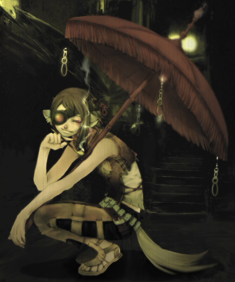 yamamoto yamato, original, animal ear request, corel painter (medium), footwear request, photoshop (medium), variant set, 1other, animal ears, bare arms, bare shoulders, belt, black pants, bloom, brown hair, brown vest, closed mouth, dark background, dated commentary, eyepatch, from side, full body, hand on own knee, hand up, head rest, holding, holding smoking pipe, holding umbrella, looking at viewer, midriff peek, narrowed eyes, night, on floor, outdoors, pants, purple eyes, red umbrella, smile, smoke, smoking pipe, squatting, stairs, tail, turning head, umbrella, vest, white belt