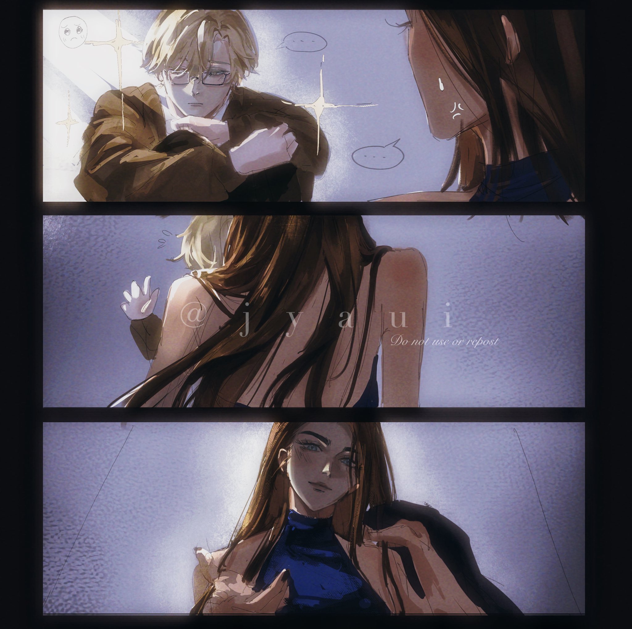 jyauii, hyuna (alien stage), luka (alien stage), alien stage, commentary, english commentary, highres, …, 1boy, 1girl, artist name, black dress, black jacket, blonde hair, brown hair, dark-skinned female, dark skin, dress, glasses, grey eyes, halter dress, halterneck, holding, holding jacket, holding unworn clothes, jacket, long hair, outstretched hand, rectangular eyewear, short hair, spoken ellipsis, unworn jacket