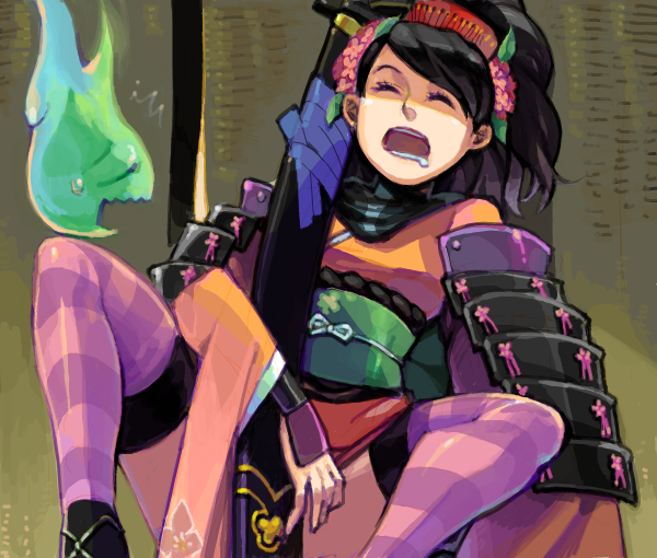hpa (foolish factory), izuna jinkuro, momohime, oboro muramasa, 1girl, armor, black hair, flower, hair flower, hair ornament, hitodama, japanese armor, japanese clothes, kimono, saliva, sheath, short kimono, shoulder armor, sleeping, sode, striped clothes, striped thighhighs, sword, thighhighs, weapon