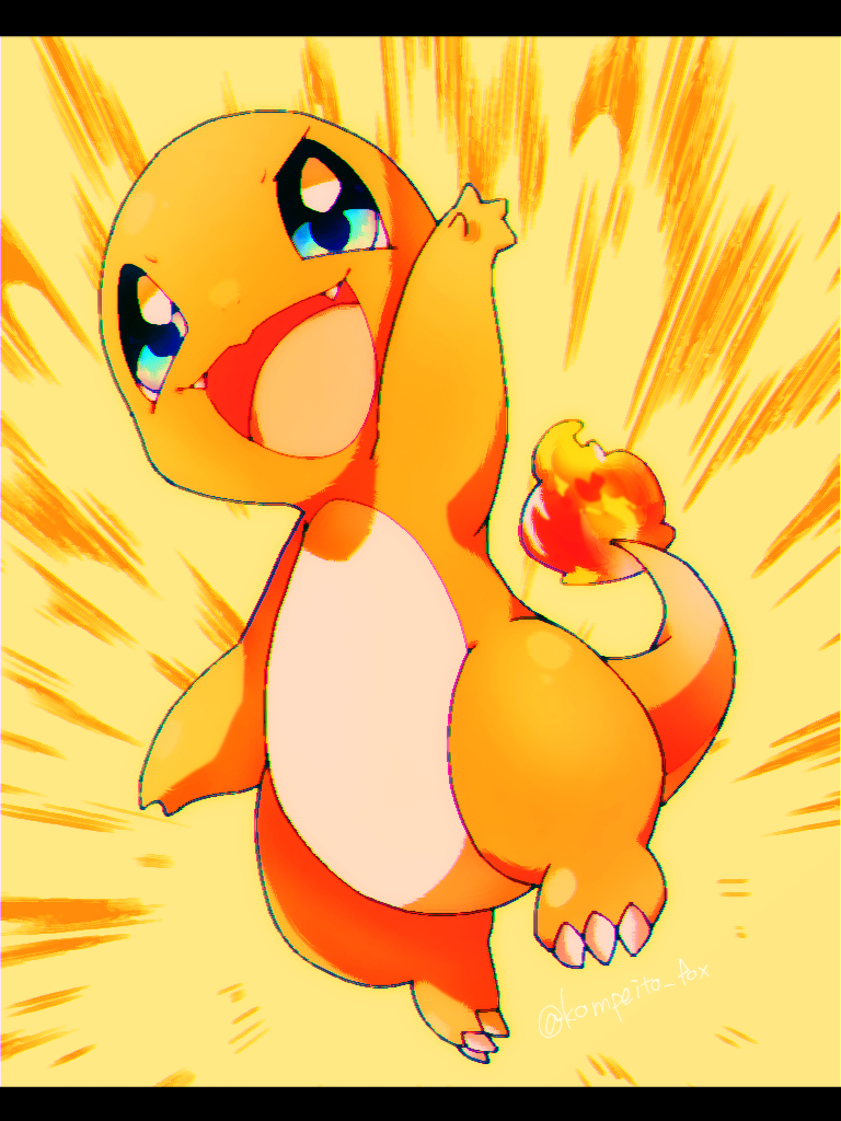 kompeito fox, charmander, nintendo, pokemon, commentary request, arm up, blue eyes, claws, emphasis lines, fangs, fire, flame-tipped tail, full body, gen 1 pokemon, letterboxed, looking at viewer, no humans, open mouth, pokemon (creature), solo, tail, yellow background