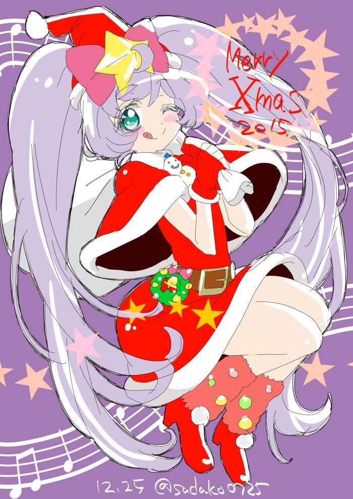 sadako0725, manaka laala, pretty series, pripara, 1girl, belt, capelet, christmas, dated, dress, full body, gloves, hat, holding, holding sack, long hair, looking at viewer, merry christmas, musical note, one eye closed, purple hair, red capelet, red gloves, red hat, sack, santa costume, santa dress, santa hat, smile, solo, twintails