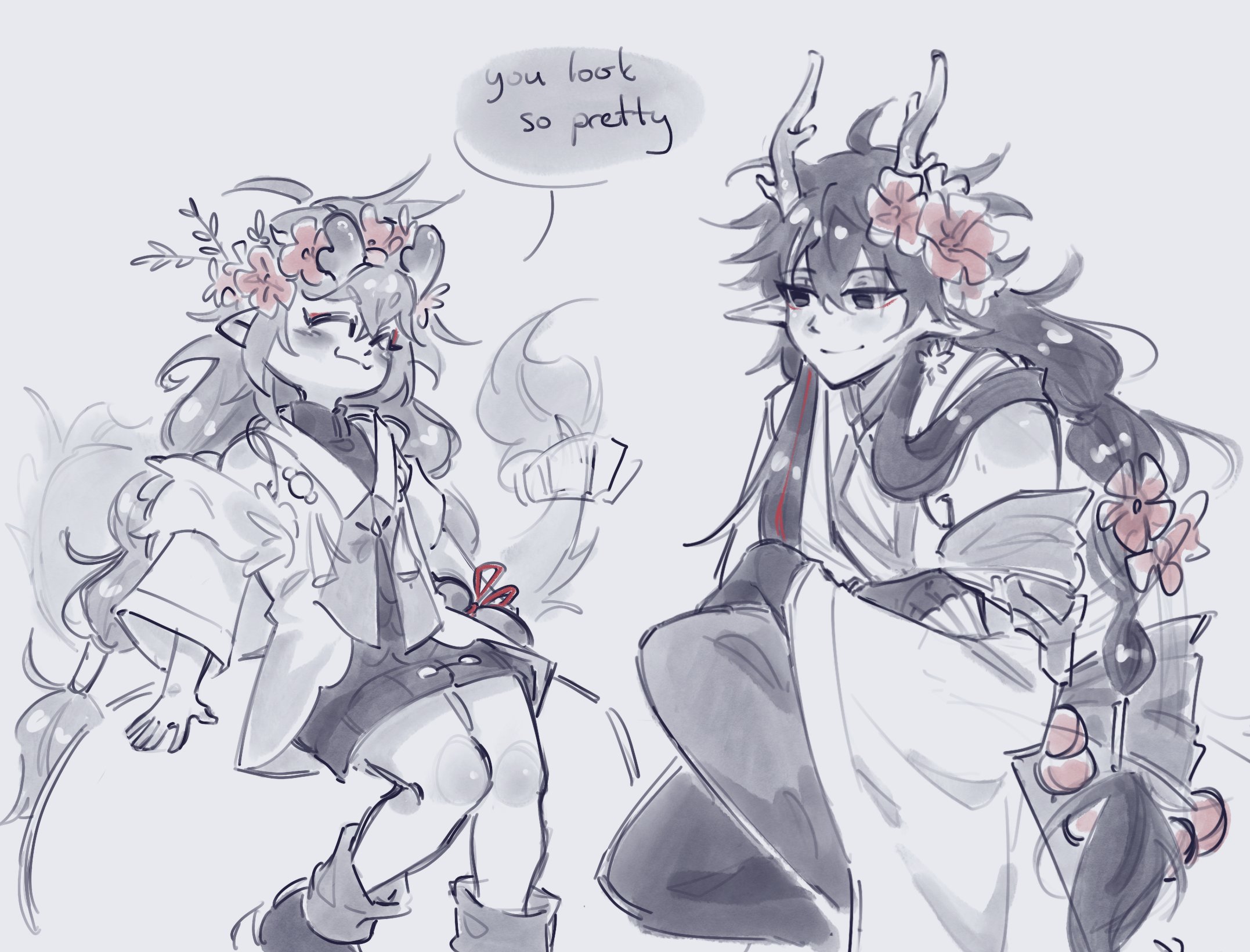 bailu (honkai: star rail), dan heng (honkai: star rail), dan heng (imbibitor lunae) (honkai: star rail), honkai: star rail, honkai (series), commentary, english commentary, highres, 1boy, 1girl, closed eyes, closed mouth, english text, flower, hair between eyes, horns, looking at another, pink flower, pointy ears, simple background, sketch, timely danheng, too many flowers, white background