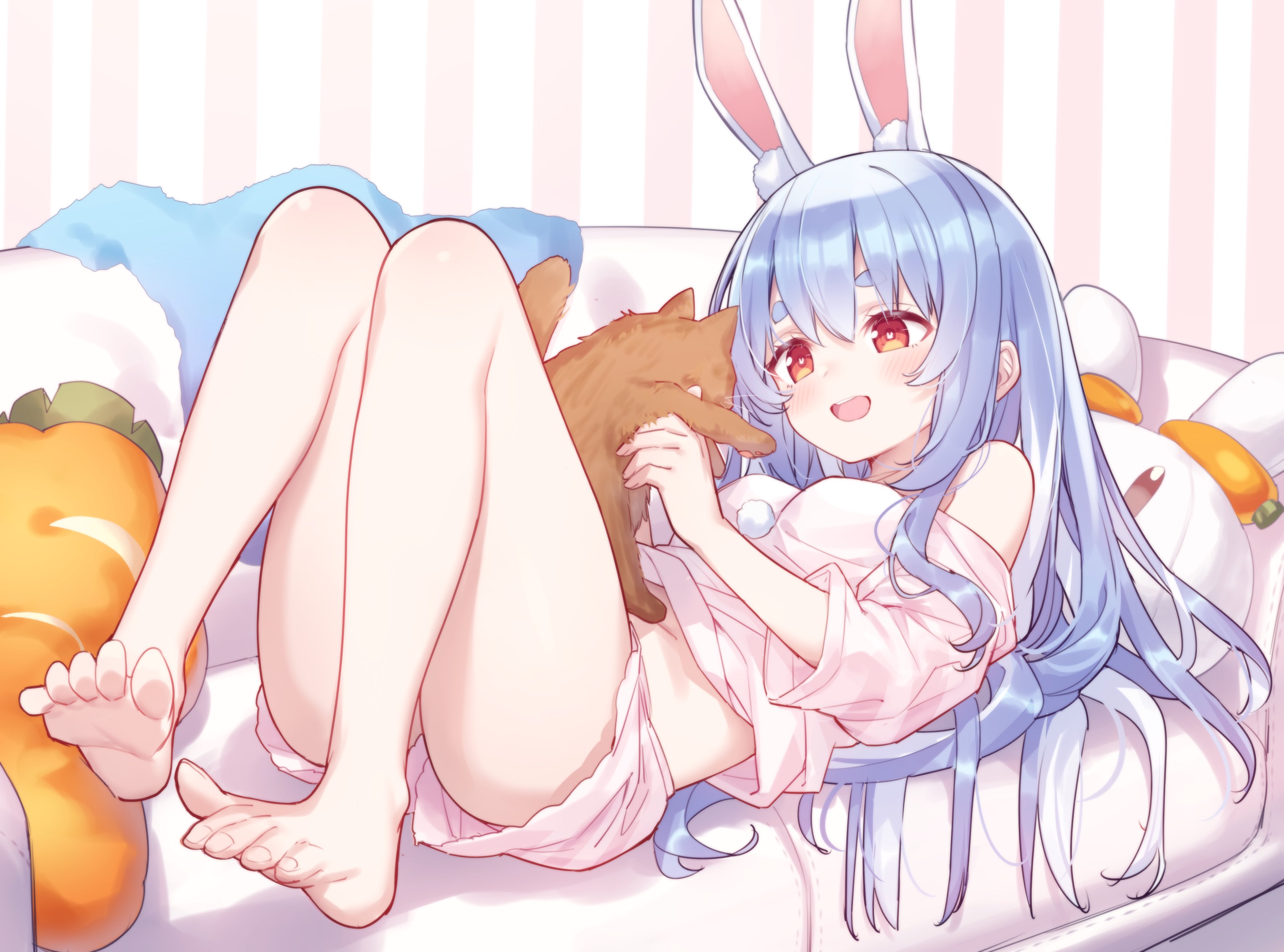 hiraga matsuri, usada pekora, hololive, absurdres, commentary, commission, highres, skeb commission, 1girl, :d, alternate costume, animal, animal ear fluff, animal ears, barefoot, blue hair, blush, breasts, carrot-shaped pillow, cat, couch, holding, holding animal, holding cat, knees up, long hair, looking at animal, lying, medium breasts, on back, on couch, open mouth, orange eyes, pajamas, pink shirt, pink shorts, rabbit-shaped pillow, rabbit ears, rabbit girl, shirt, shorts, smile, solo, thick eyebrows, virtual youtuber