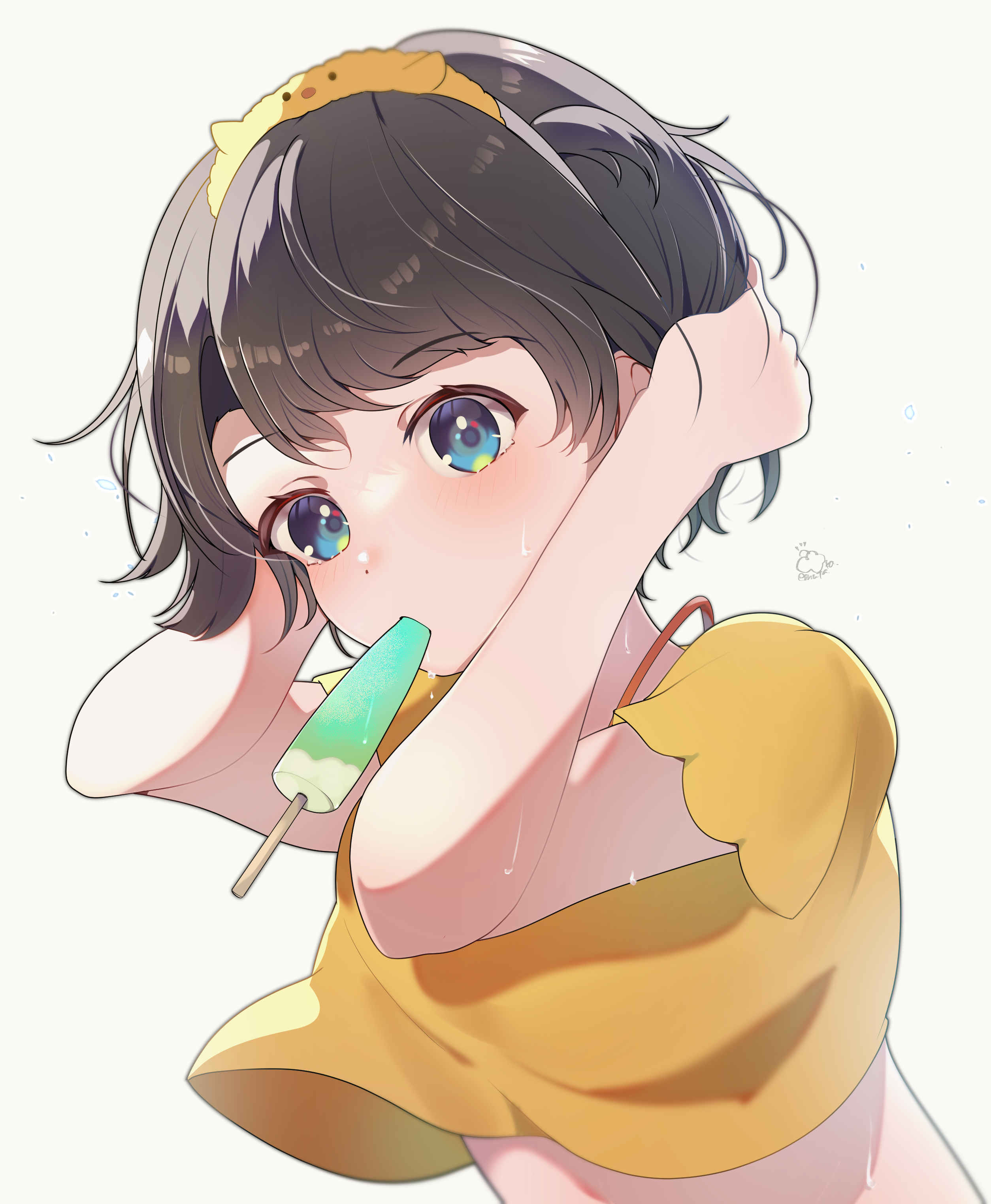 emutakanoe, oozora subaru, oozora subaru (loungewear), hololive, absurdres, highres, 1girl, arms up, artist name, black hair, blue eyes, bra, bra strap, cropped shirt, food, food in mouth, grabbing own hair, headband, holding, holding own hair, looking at viewer, looking down, loungewear, mouth hold, official alternate costume, orange bra, popsicle, popsicle in mouth, shirt, short hair, short sleeves, signature, simple background, solo, sweat, swept bangs, underwear, upper body, virtual youtuber, white background, yellow headband, yellow shirt