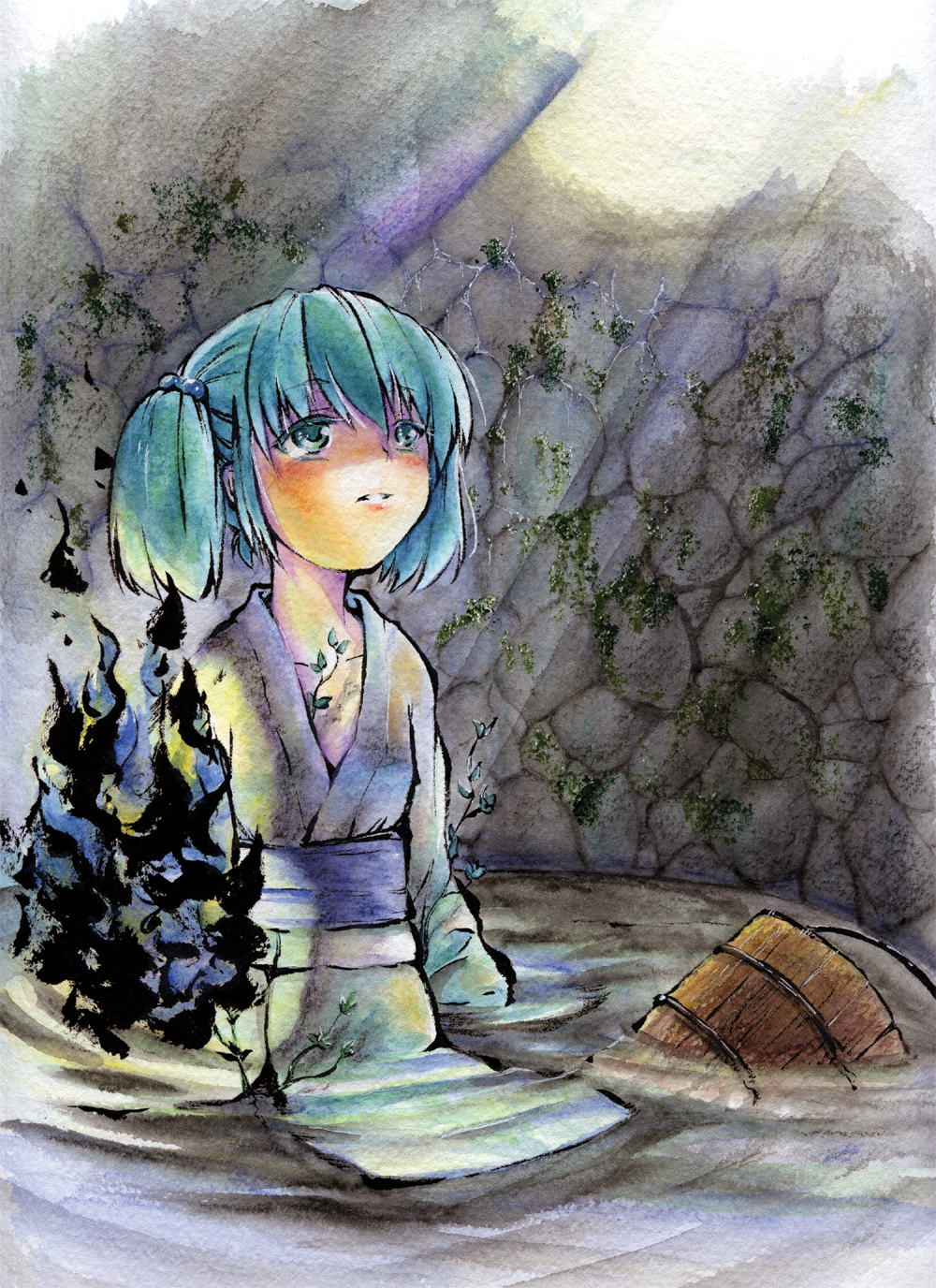 konoe yuba, kisume, touhou, bad id, bad pixiv id, highres, marker (medium), painting (medium), pastel (medium), traditional media, watercolor (medium), 1girl, blue hair, bucket, colored eyelashes, eyelashes, female focus, hair bobbles, hair ornament, japanese clothes, kimono, looking up, moss, plant, sad, short hair, solo, sunlight, twintails, water, well