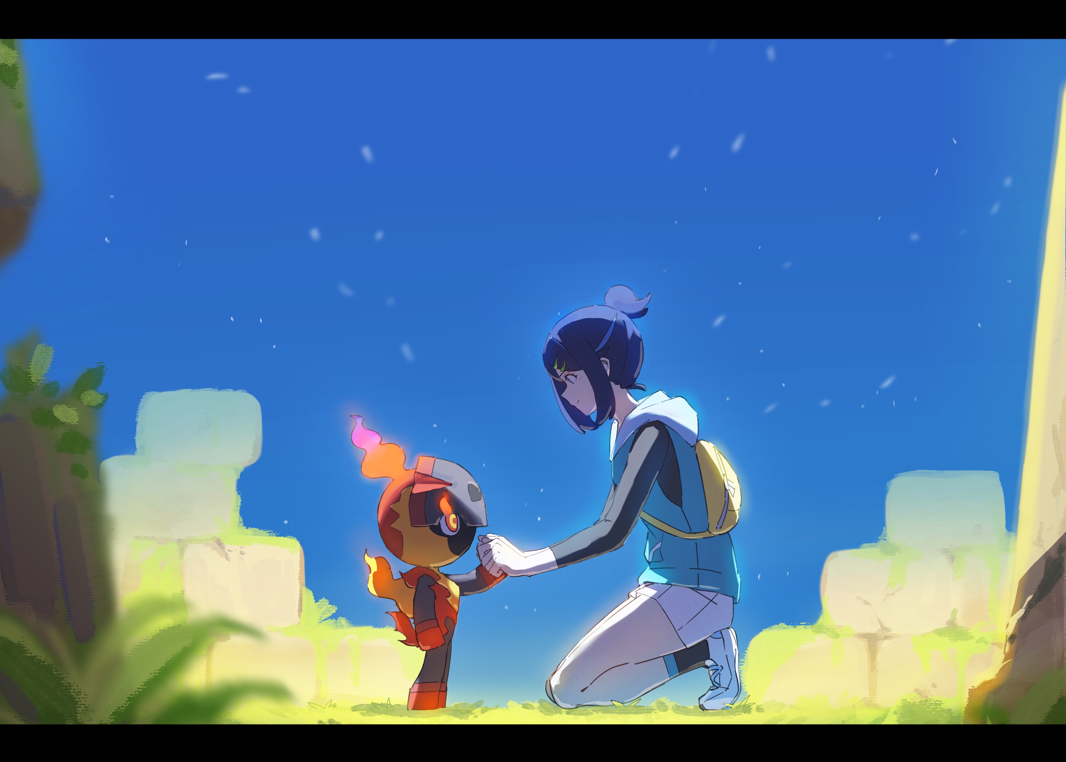 fafayu, charcadet, liko (pokemon), nintendo, pokemon, pokemon (anime), pokemon horizons, absurdres, commentary request, highres, 1girl, black shirt, black socks, closed mouth, from side, grass, hair bun, hair ornament, hairclip, holding hands, hood, hood down, hooded vest, hoodie, kneeling, letterboxed, outdoors, pokemon (creature), shirt, shoes, shorts, smile, socks, vest, white shoes, white shorts, yellow bag