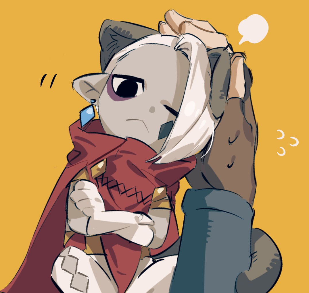 sumooo (ga ilil), ghirahim, link, nintendo, the legend of zelda, the legend of zelda: skyward sword, cape, closed mouth, colored skin, crossed arms, earrings, eyeliner, fingerless gloves, frown, gloves, grey skin, jewelry, kemonomimi mode, makeup, male focus, mini person, miniboy, out of frame, petting, pointy ears, purple eyeliner, red cape, simple background, yaoi, yellow background