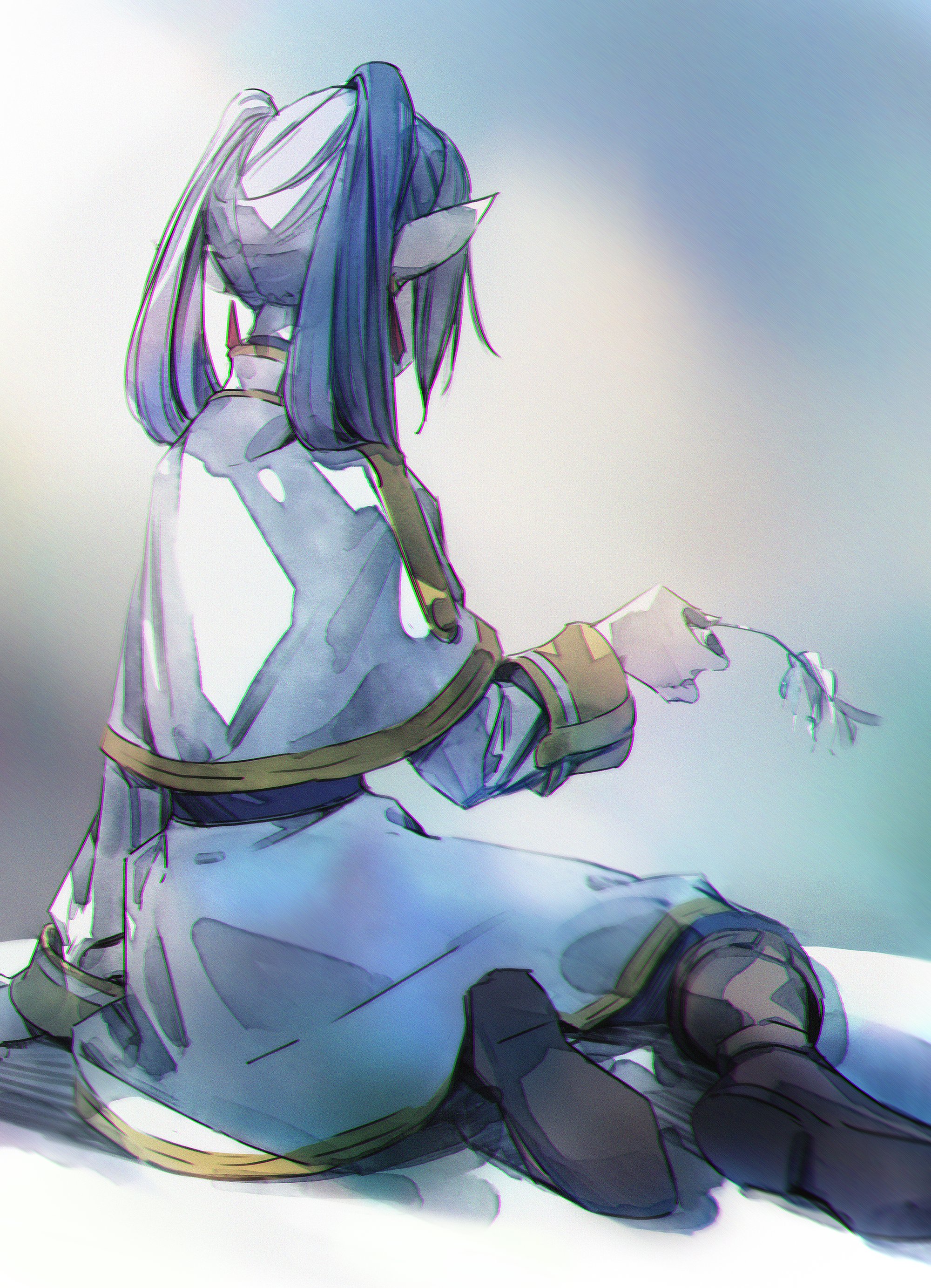 frieren, sousou no frieren, absurdres, highres, 1girl, belt, black belt, boots, brown boots, capelet, earrings, elf, facing away, flower, from behind, full body, gold trim, grey hair, hair over shoulder, holding, holding flower, jacket, jewelry, kaneda (umeanzberry), long hair, pointy ears, sitting, skirt, solo, twintails, white capelet, white jacket, white skirt, wilted flower