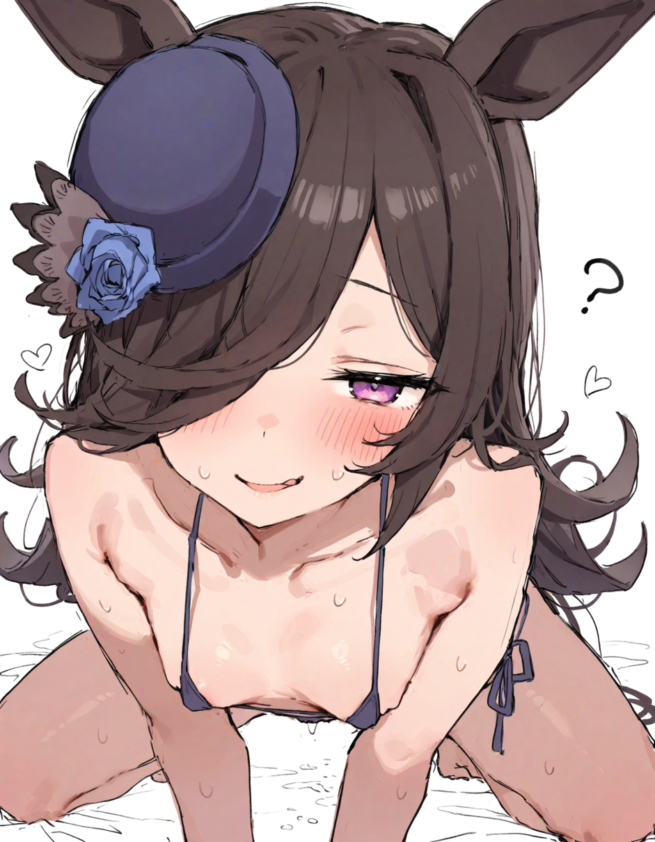 odaime, rice shower (umamusume), umamusume, animal ears, bikini, black hair, blush, breasts, collarbone, flower, hat, horse ears, horse girl, long hair, looking at viewer, micro bikini, one eye covered, purple eyes, rose, small breasts, smile, string bikini, swimsuit, very long hair