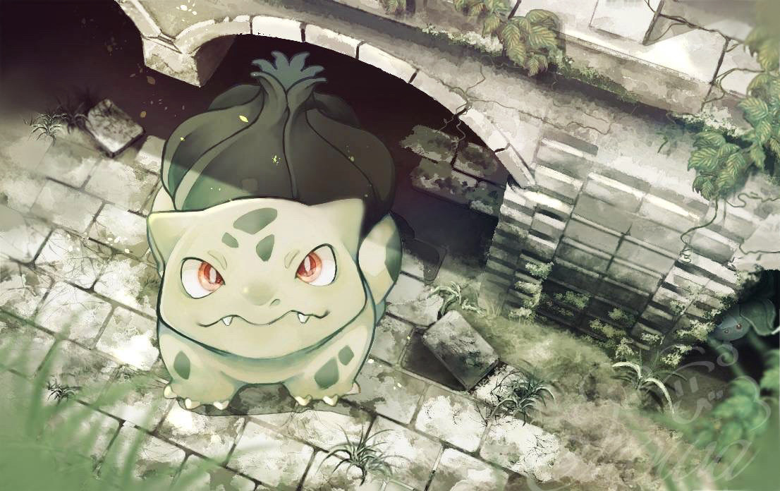 iroha nibi, bulbasaur, oddish, nintendo, pokemon, commentary request, brick floor, bright pupils, claws, fangs, from above, full body, gen 1 pokemon, looking at viewer, moss, no humans, outdoors, overgrown, pokemon (creature), red eyes, solo focus, white pupils