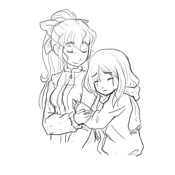 pimmy, ikezawa hanako, satou lilly, katawa shoujo, eyebrows, non-web source, 10s, 2girls, blind, bow, closed eyes, greyscale, hair bow, jacket, long hair, long sleeves, monochrome, multiple girls, ponytail, scarf, simple background, sketch
