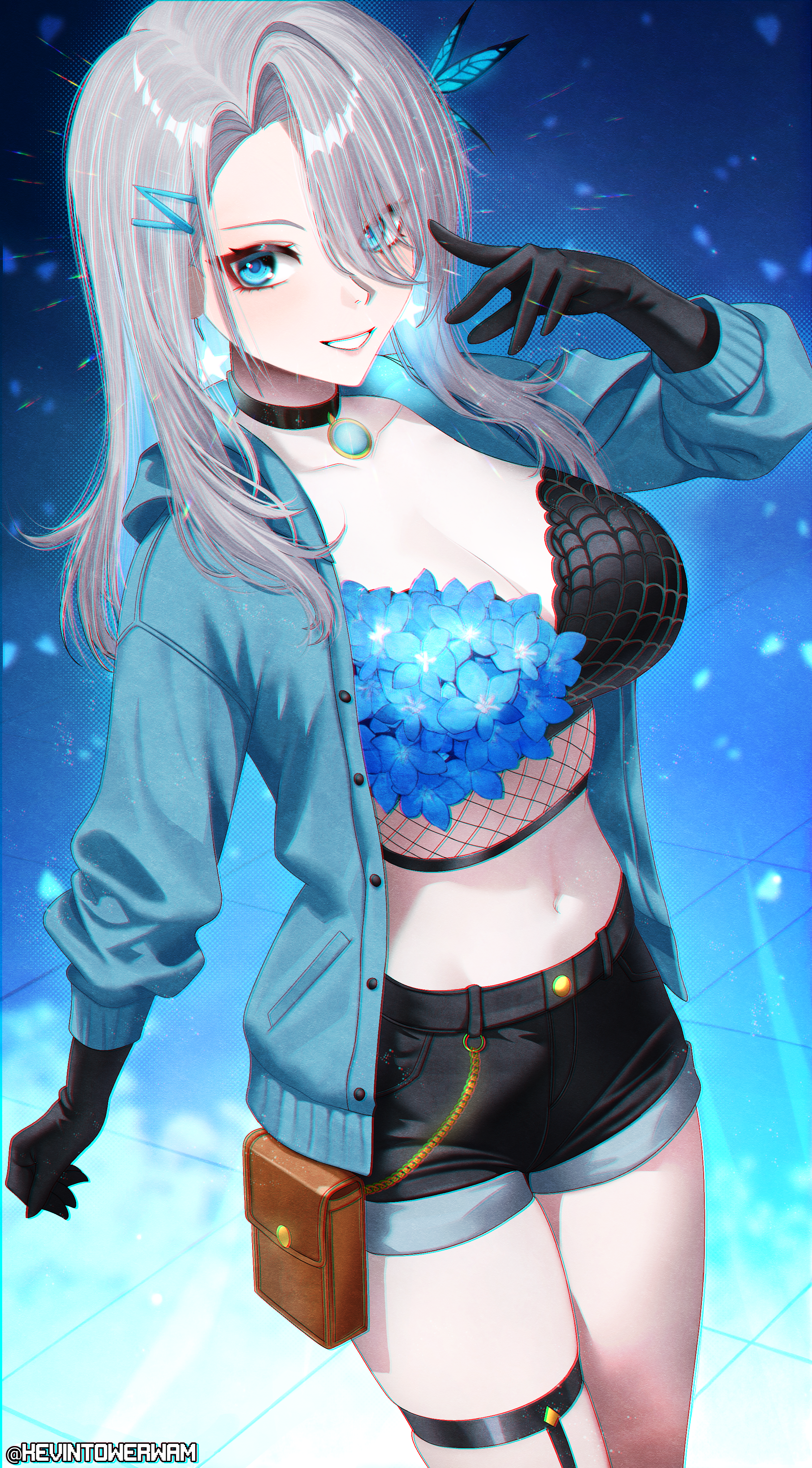 kevin tower, indie virtual youtuber, absurdres, highres, 1girl, alternate costume, belt, black gloves, black shorts, blue butterfly, blue eyes, blue flower, blue jacket, breasts, bug, butterfly, butterfly hair ornament, butterfly ornament, buttons, fishnet top, fishnets, flower, gloves, grey hair, hair ornament, hair over one eye, high belt, insect, jacket, long hair, monarch amalee, navel, parted lips, shorts, thigh strap, tile floor, tiles, two-tone bra, virtual youtuber