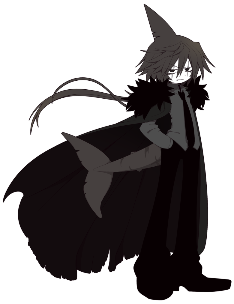 funamusea (artist), old (funamusea), funamusea, oounabara to wadanohara, official art, 1boy, black eyes, cape, fins, fish tail, glaring, grey hair, head fins, long hair, looking at viewer, pants, scar, scar on face, shirt, shoes, solo, tail, torn cape, torn clothes, white background