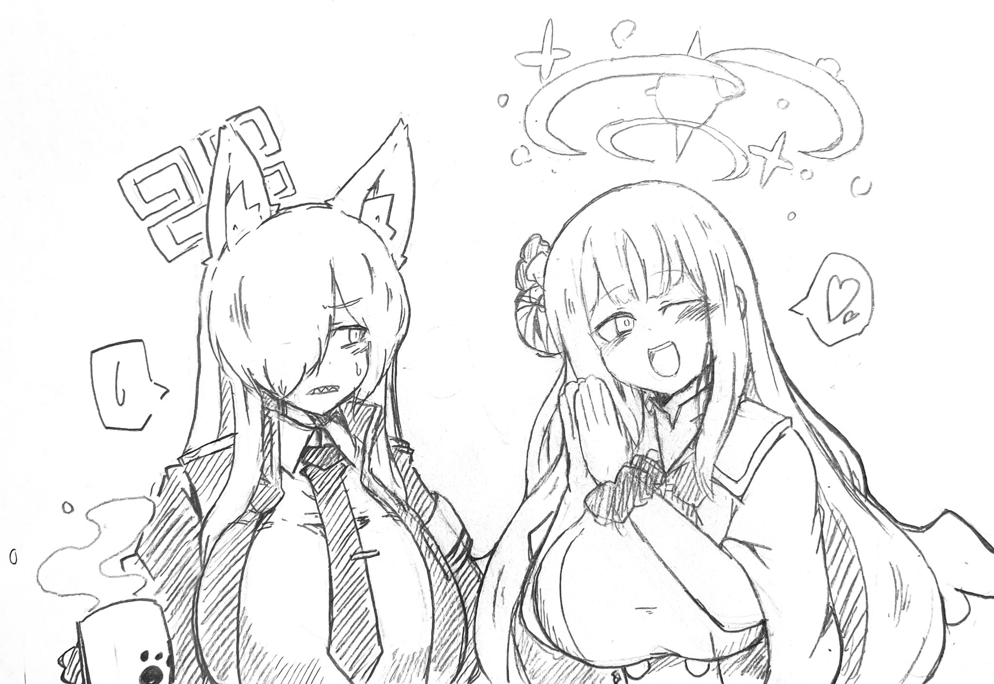 oni tengu, kanna (blue archive), mika (blue archive), blue archive, graphite (medium), highres, traditional media, 2girls, alternate breast size (larger), angel wings, animal ear fluff, animal ears, blush, breasts, cup, dog ears, dog girl, dress shirt, eyebrows hidden by hair, greyscale, hair bun, hair over one eye, halo, hatching (texture), heart, holding, holding cup, huge breasts, large breasts, linear hatching, long hair, monochrome, mug, multiple girls, necktie, open mouth, own hands together, paw print, scrunchie, sharp teeth, shirt, small sweatdrop, spoken heart, spoken sweatdrop, star (symbol), steam, sweatdrop, teeth, white background, wings, wrist scrunchie