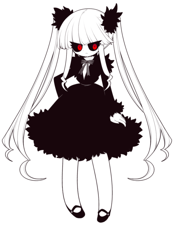 funamusea (artist), funamusea, official art, 1girl, angry, black dress, black sclera, black shoes, closed mouth, colored sclera, dress, greyscale, hersilia (funamusea), long hair, monochrome, red eyes, shirt, shoes, solo, spot color, twintails, white background, white shirt