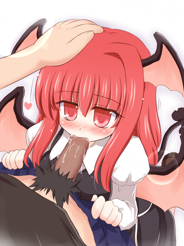ry (yagoyago), koakuma, embodiment of scarlet devil, touhou, 1girl, blush, fellatio, hand on another's head, head wings, headpat, oral, penis, pov, red eyes, red hair, solo focus, uncensored, wings