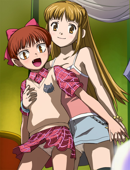 haruyama kazunori, nekomusume, gegege no kitarou, toei company, 2girls, bow, brown eyes, brown hair, fang, holding hands, multiple girls, panties, pantyshot, pink bow, thighhighs, underwear