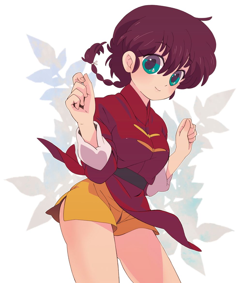 apple-boy, ranma-chan, saotome ranma, ranma 1/2, 1girl, blue eyes, braid, braided ponytail, chinese clothes, female focus, genderswap, genderswap (mtf), male underwear, no pants, ponytail, red hair, shorts, single braid, solo, tangzhuang, underwear