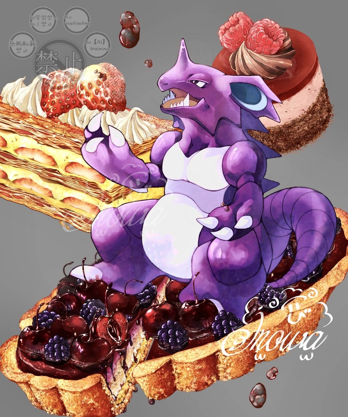 iroha nibi, nidoking, nintendo, pokemon, commentary request, highres, blackberry (fruit), bright pupils, cake, cherry, claws, food, fruit, full body, gen 1 pokemon, grey background, no humans, open mouth, pokemon (creature), purple eyes, raspberry, solo, strawberry, white pupils