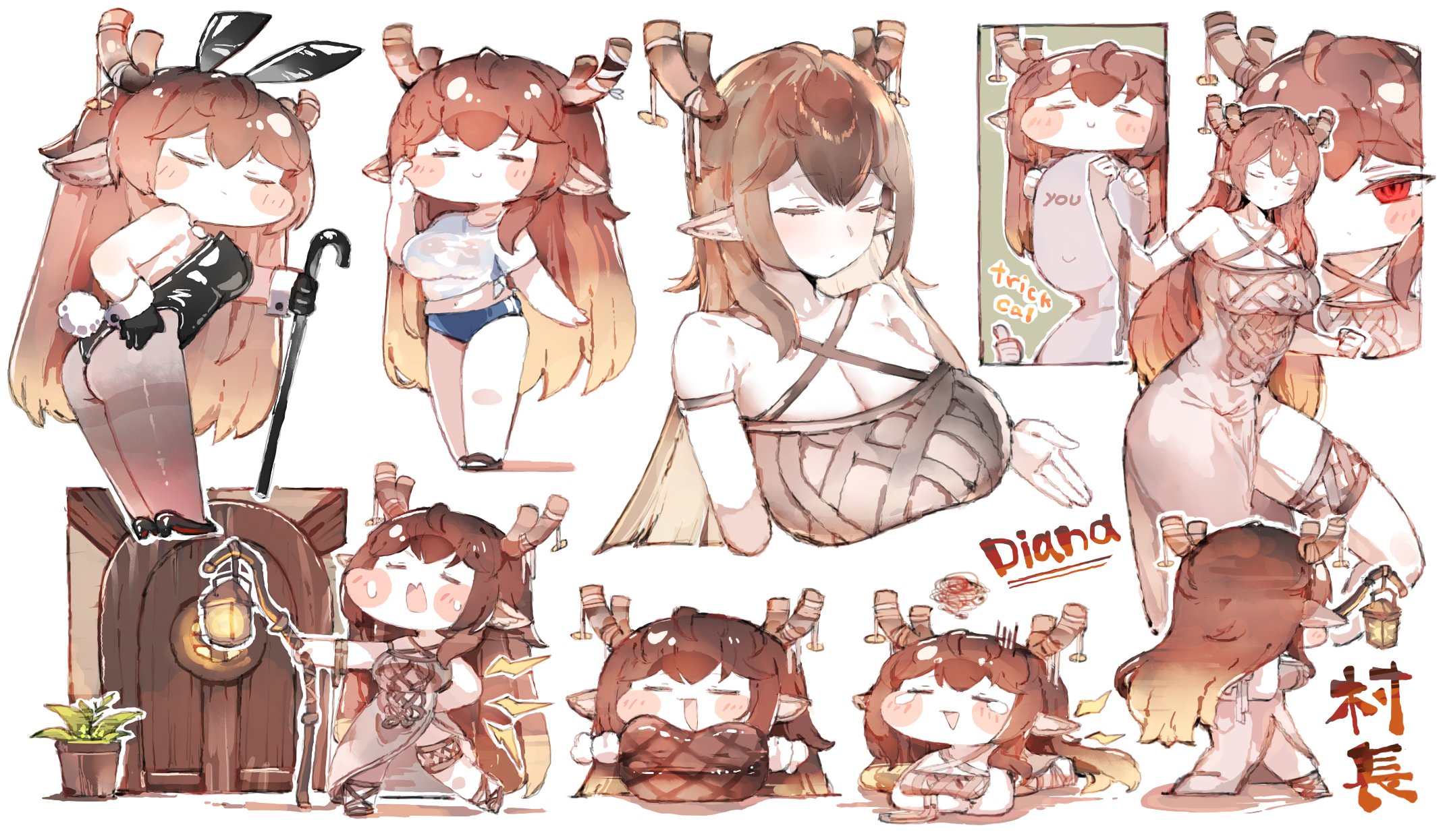 kotatu (akaki01aoki00), diana (trickcal), trickcal, commentary request, highres, 1girl, animal ears, antlers, ass, bare shoulders, blue buruma, blush, breasts, brown hair, buruma, cane, chibi, chibi inset, cleavage, closed eyes, criss-cross halter, deer antlers, deer ears, deer girl, dress, fake animal ears, fake tail, food, gradient hair, grey dress, grey pantyhose, halterneck, holding, holding cane, horns, lantern, large breasts, long hair, meat, multicolored hair, multiple views, open mouth, pantyhose, playboy bunny, rabbit ears, rabbit tail, red eyes, see-through clothes, see-through shirt, shirt, simple background, smile, squiggle, standing, sweat, tail, thighband pantyhose, viewer self-insert, white shirt