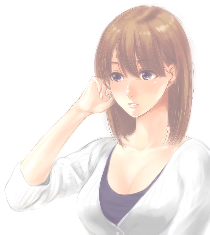 yoshimu (junky), anegasaki nene, love plus, bad id, bad pixiv id, 1girl, breasts, brown hair, cleavage, female focus, medium breasts, mole, mole under eye, purple eyes, short hair, solo