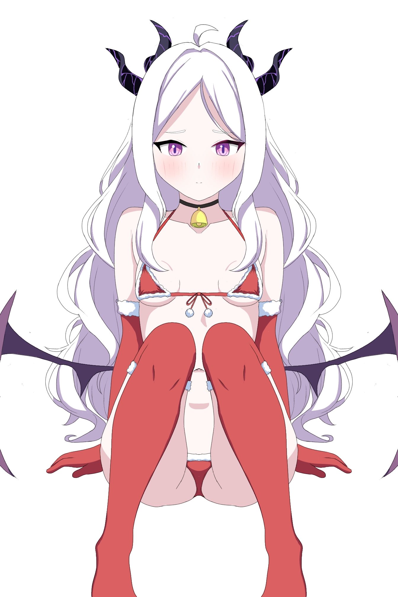 giang huynh, hina (blue archive), blue archive, highres, 1girl, ahoge, bikini, blush, breasts, christmas, demon girl, demon horns, demon wings, horns, long hair, looking at viewer, low wings, navel, purple eyes, red thighhighs, santa bikini, santa costume, simple background, sitting, small breasts, solo, swimsuit, thighhighs, very long hair, white background, white hair, wings