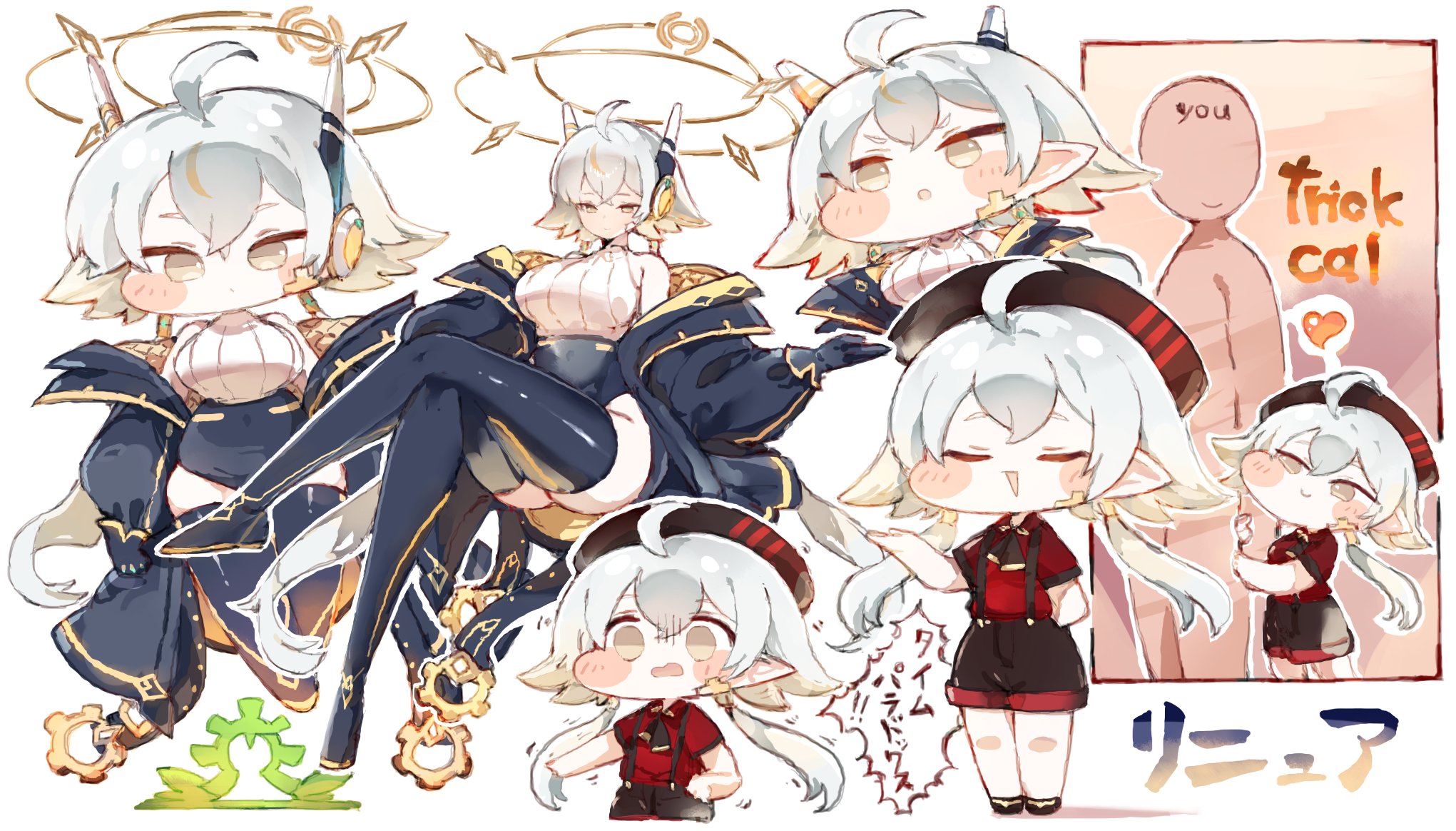 kotatu (akaki01aoki00), renewa (trickcal), trickcal, commentary request, highres, translation request, 1girl, black boots, black coat, black hat, black shorts, black thighhighs, blush, boots, breasts, character name, chibi, chibi inset, closed eyes, closed mouth, coat, copyright name, crossed bangs, crossed legs, grey hair, hair between eyes, halo, hat, heart, large breasts, long hair, long sleeves, multicolored hair, multiple views, open clothes, open coat, pointy ears, red shirt, ribbed shirt, shirt, short hair with long locks, shorts, simple background, sleeveless, sleeveless shirt, smile, suspender shorts, suspenders, thigh boots, thighhighs, viewer self-insert, white shirt, yellow eyes